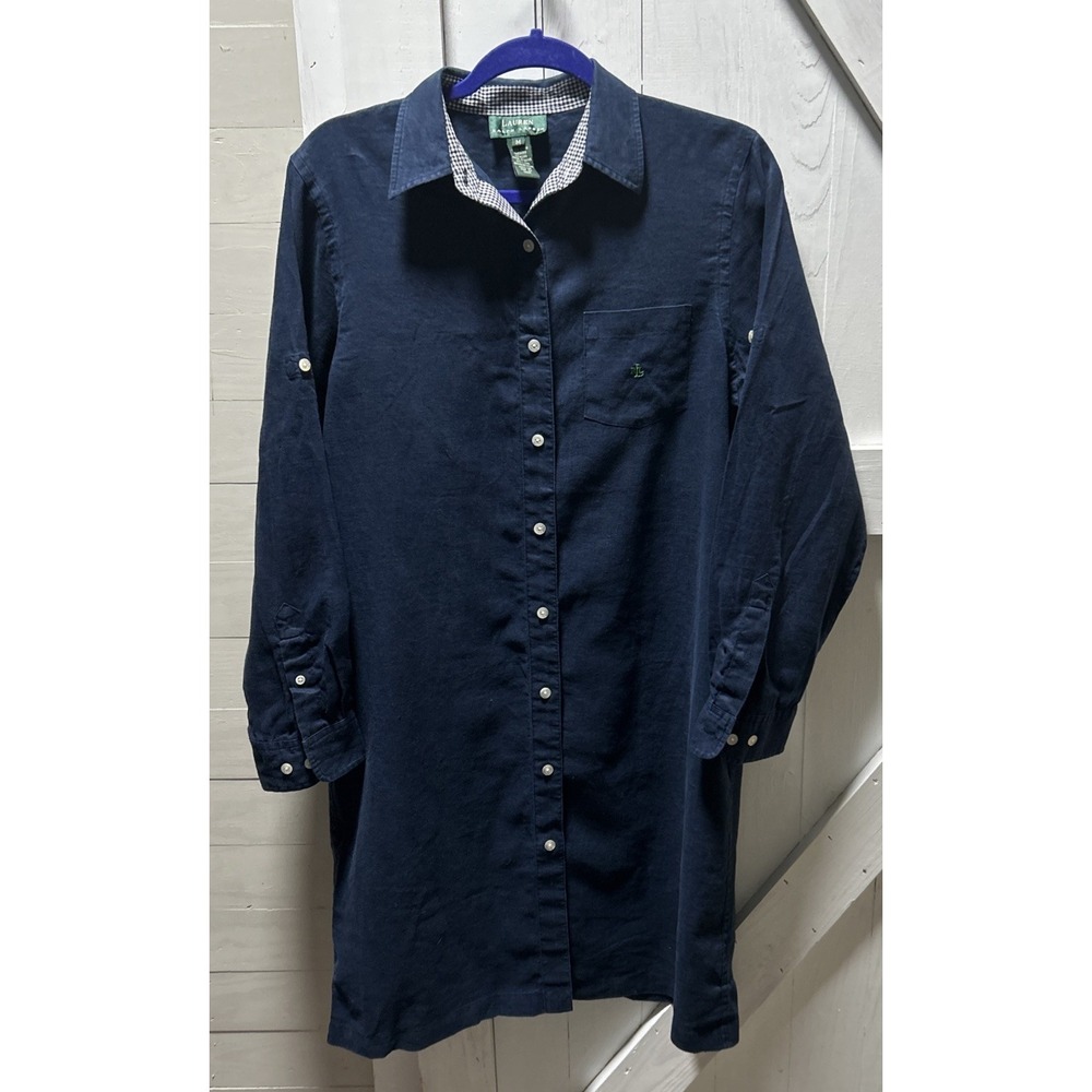 Lauren Ralph Lauren Navy Shirt Dress Women's M Linen Button Front Green Logo
